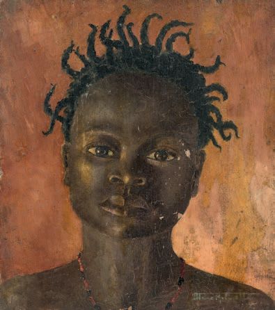 École, vers 1930 * Portrait de femme camerounaise
Huile sur panneau, signée en bas...