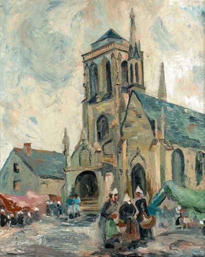 Robert LEBOUCHER, XXe siècle Bretonnes sur le parvis d'une église
Huile sur panneau.
82...