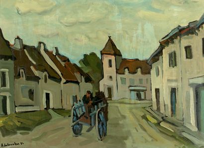 Robert LEBOUCHER, XXe siècle Charrette dans le village
Huile sur toile, signée en...