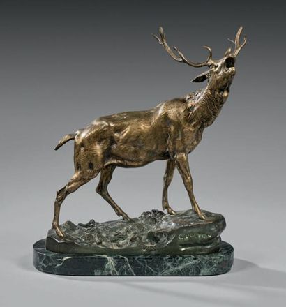 Charles VALTON (1851-1918) Cerf bramant
Bronze à patine dorée et noire, signé sur...