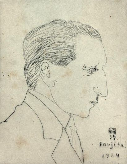 Tsuguharu FOUJITA (1886 - 1968) Portrait de Géo-Charles 
Gravure signée dans la planche...