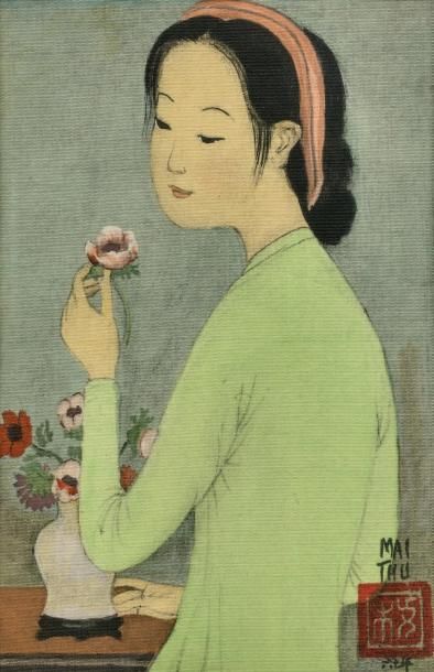 TRONG THU MAI (1906-1980) d'après Fillette à la rose;
Fillette en robe orange au...