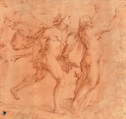 Luca GIORDANO (1634-1705) * Apollon et Daphné
Sanguine et estompe.
39 x 40,5 cm.
Pliures...