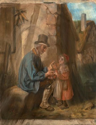 ECOLE FRANÇAISE, vers 1850 * Grand père conversant avec sa petite fille Pastel sur...