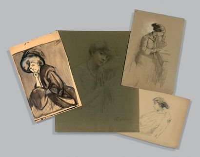 Fonds d'atelier Charles PICART LEDOUX (1881-1959) Lot de dessins:
- Élégante accoudée....