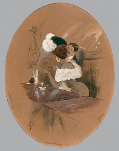 Ecole française vers 1890 Couple d'élégants, le verre d'absinthe
Crayon, lavis et...