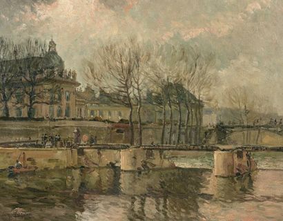 RAYMOND-LOUIS CHARMAISON (1876-1955) La passerelle des Arts, le barrage de la Monnaie,...