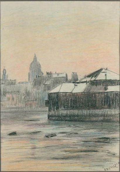 PIERRE-ANTOINE CLUZEAU Bateau-lavoir sur la Seine, le Panthéon, 27/11/1910
Pastel...