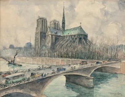 Georges ROSE Notre Dame, vue du quai de Montebello, 1947.
Aquarelle et fusain sur...