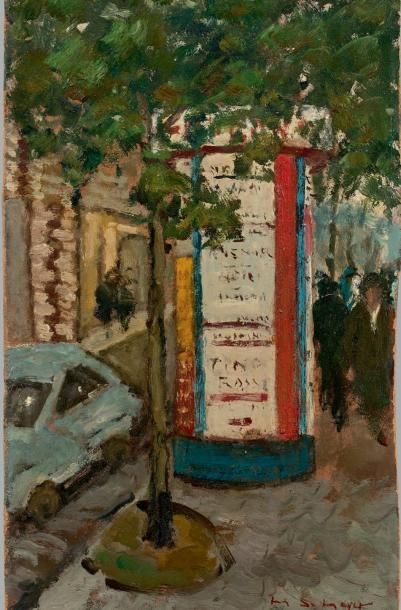 MAURICE DE MEYER (1911-1999) Colonne Morris dans une rue animée de Paris
Huile sur...