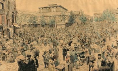 FÉLICIEN VAN MYRBACH (1853-1940) Le Marché des Halles de Paris animé des commerçants...