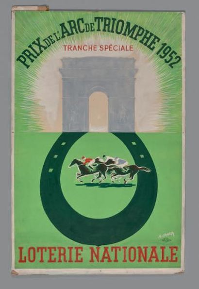 B. CANAUX Prix de l'Arc de Triomphe, 1952, Loterie Nationale, tranche spéciale Gouache...
