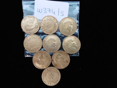 null Lot de 9 pièces de 20 francs en or 900 millèmes :

- 3 pièces Napoléon III Tête...