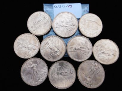 null Lot de 10 pièces de 20 dollars "Saint-Gaudens", en or 900 millèmes; dix pièces...