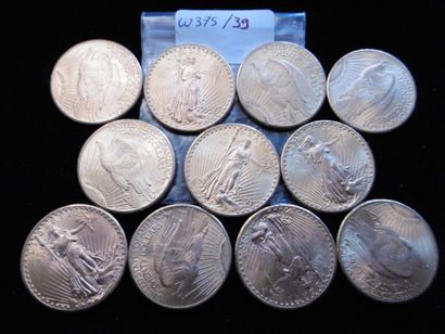 null Lot de 11 pièces de 20 dollars "Saint-Gaudens", en or 900 millèmes; huit pièces...