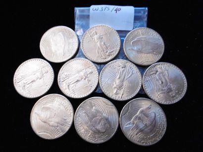 null Lot de 10 pièces de 20 dollars "Saint-Gaudens", en or 900 millèmes; 10 pièces...