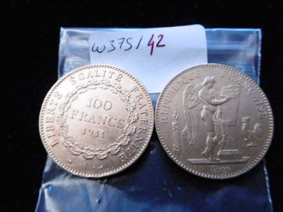 null Lot de deux pièces de 100 francs or "Génie" de 1911 (A) et 1879 (A). Poids :...