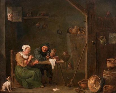 ÉCOLE FLAMANDE VERS 1800, SUIVEUR DE DAVID TENIERS Paysans dans un intérieur
Panneau...