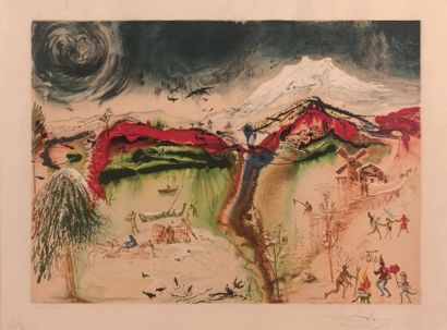 Salvador DALI (1904-1989) Paysage de montagne animé de scènes villageoises
Lithographie...