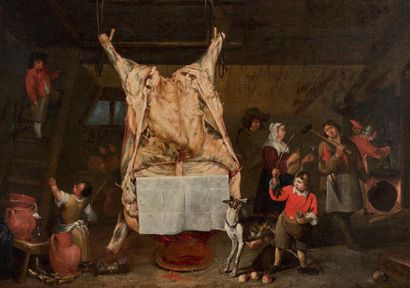 Matheus van HELMONT (Anvers 1623 - Bruxelles vers 1679) Le boeuf écorché
Toile.
60...