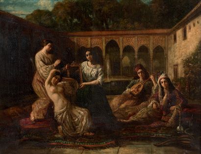 École Française du XIXe siècle Femme à sa toilette et musiciennes dans la cour d'un...