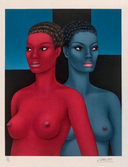 Félix Labisse (1905-1982) - Femme bleue à la robe rouge
Lithographie sur papier japon...