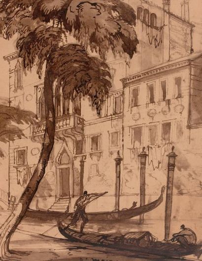 André MAIRE (1898-1924) Venise, gondoles devant un palais
Dessin à l'encre et lavis,...
