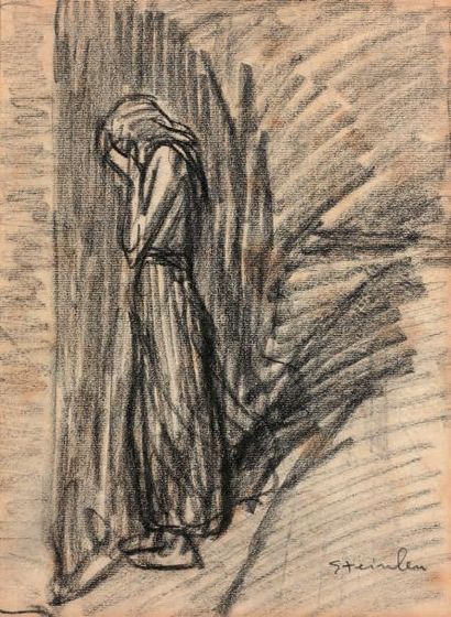 Alexandre STEINLEN (1859-1923) * Jeune fille pleurant devant une barrière
Fusain...