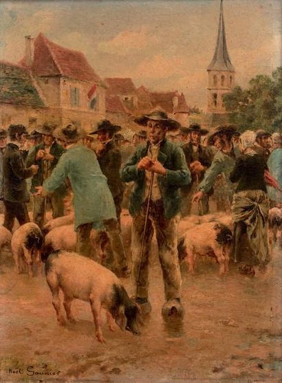Noël SAUNIER (1847-1890) Le marché aux cochons
Huile sur panneau, signée en bas à...