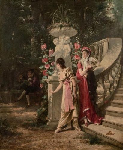 Charles Désiré HUE (c. 1830-1899) Élégants dans un jardin, 1876
Huile sur toile,...