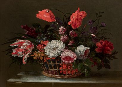 ATTRIBUÉ À NICOLAS BAUDESSON (1611-1680) Corbeilles de fleurs coupées
Paire de toiles.
33...