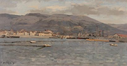 Emmanuel Alphonse DAMOYE (1847-1916) Le port de Toulon, 1891
Huile sur panneau, signée...