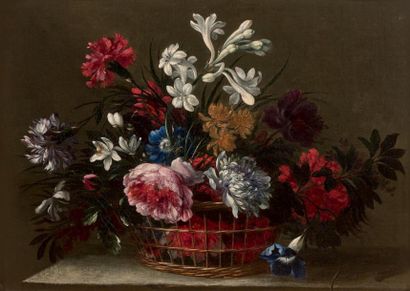 ATTRIBUÉ À NICOLAS BAUDESSON (1611-1680) Corbeilles de fleurs coupées
Paire de toiles.
33...