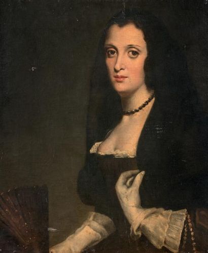 D'après Velasquez, école du XIXe siècle * Portrait de dame en noir
Huile sur toile.
65...
