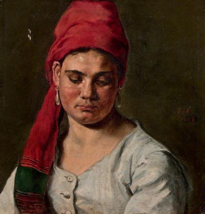 École de la fin du XIXe siècle * Portrait de femme au turban rouge, 1877
Huile sur...