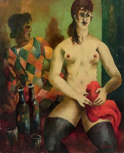 Emile Henry TILMANS (1888-1960) * La fille et l'arlequin, 1957
Huile sur toile, signée...