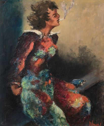 Emile Henry TILMANS (1888-1960) * Clownesse à la cigarette, 1947
Huile sur isorel...