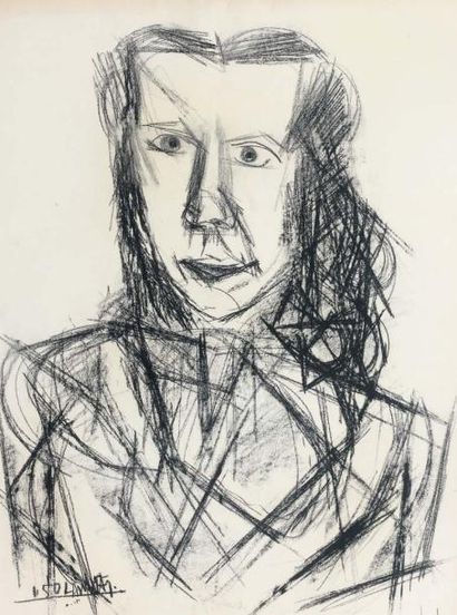 ATELIER DAVID LAN-BAR (1912 - 1987) Portrait de femme Dessin au fusain 63 x 46 c...