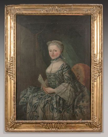 École FRANÇAISE du XVIIIe siècle Portrait d'une dame de qualité à l'éventail.
Huile...