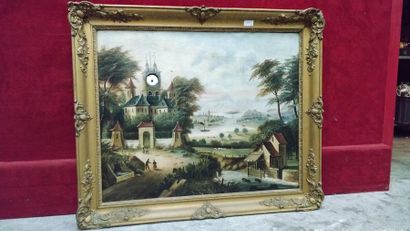 École Française du XIXe siècle Tableau horloge sur toile figurant un village au bord...