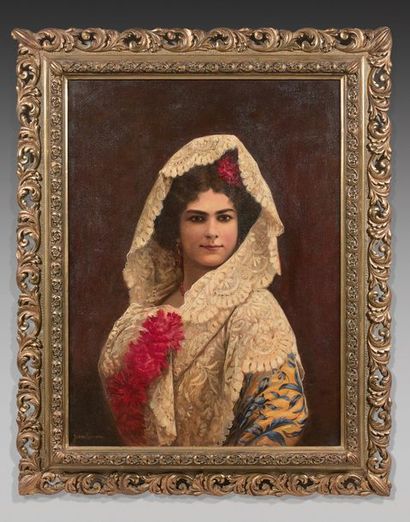 Juana ROMANI (1869-1924) Portrait d'une dame de qualité au voile de dentelle et à...