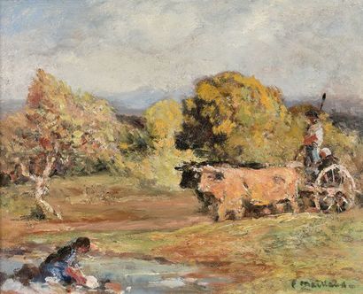 Fernand MAILLAU (1863-1948) Charrette et lavandière dans un paysage
Huile sur toile,...