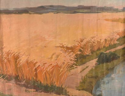 Ecole Moderne *Champ de blé en bord de rivière
Huile sur toile libre.
117 x 167 cm.
Pliures,...