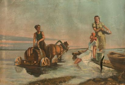 Ecole Moderne *Femmes et homme au bord de l'eau, conversant
Huile sur toile libre.
67...