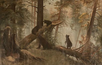 Ecole Moderne *Famille d'ours en forêt
Huile sur toile libre.
140 x 180 cm.
Pliures,...