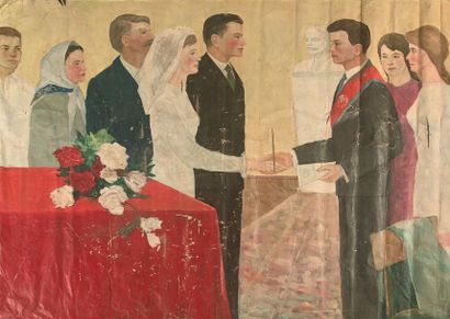 Ecole Moderne *Un mariage soviétique
Huile sur toile libre.
140 x 205 cm.
Pliures,...