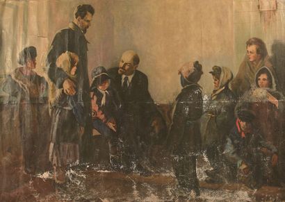 Ecole Moderne *Lénine entouré d'enfants
Huile sur toile libre.
158 x 233 cm.
Pliures,...