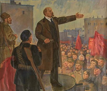 Ecole Moderne *Lénine prononçant un discours
Huile sur toile libre signée et datée...