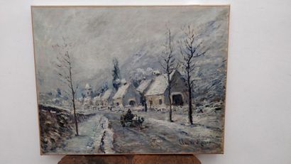 École française début XXe siècle Village sous la neige
Huile sur toile, signée en...