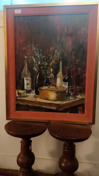 Jean-Pierre REMON (1928) Nature morte aux bouteilles de vin, projet de menu de restaurant
Huile...